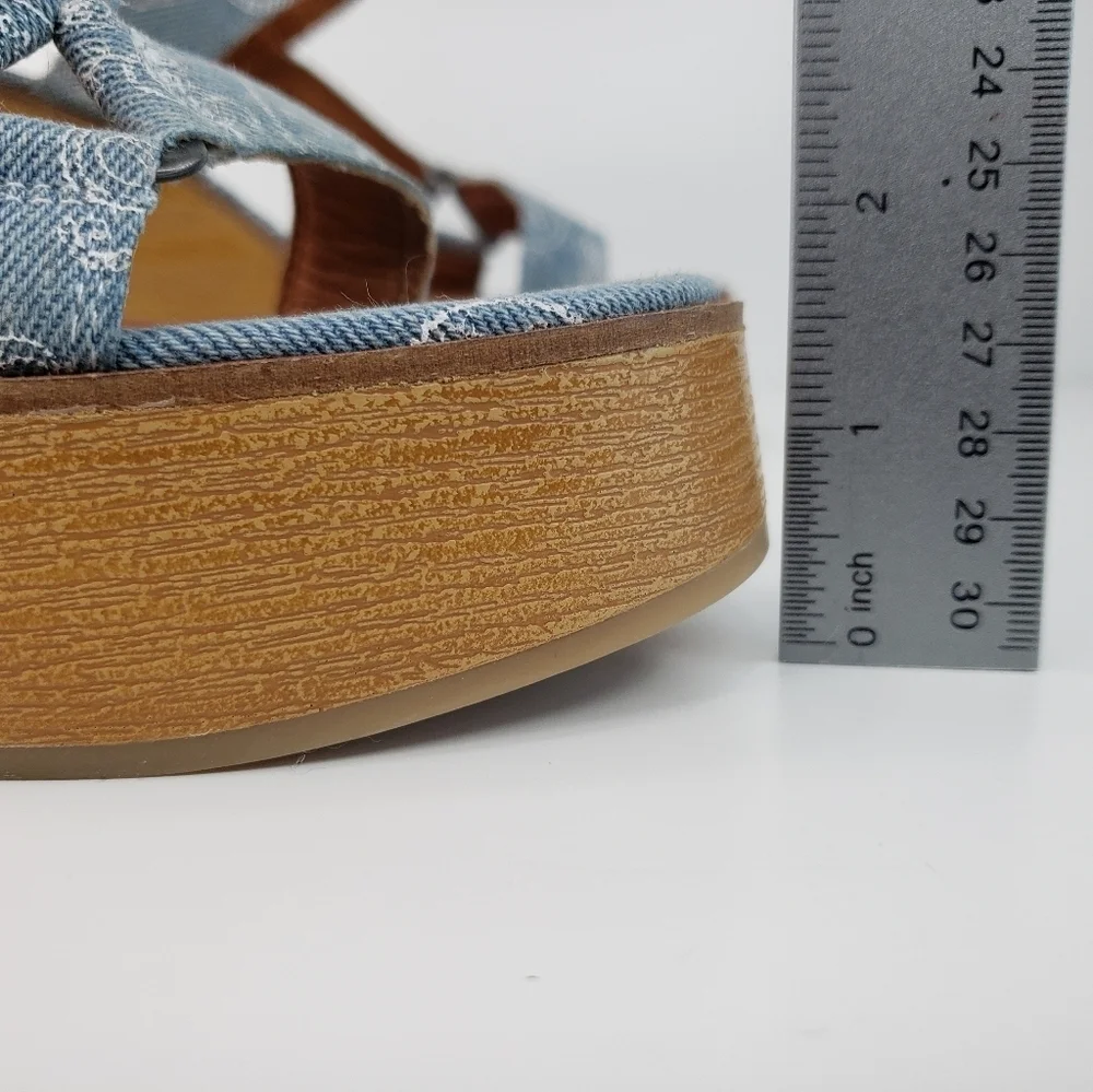 Lucky Brand Demmia Blue Denim Paisley Adj. Back Strap Platform Wedge Sz 7 Boho